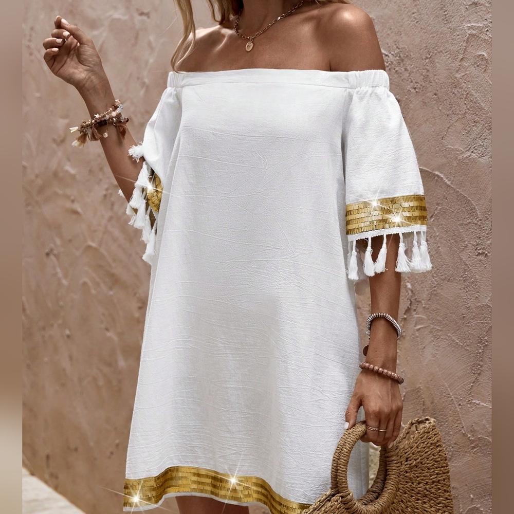 Off Shoulder Tassel Trim Dress - Picture 4 of 6